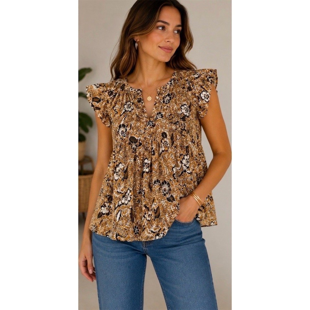 Ulla Johnson Issa Blouse Womens Sz 6 Floral Flutter Sleeve Split V-Neck Top boho